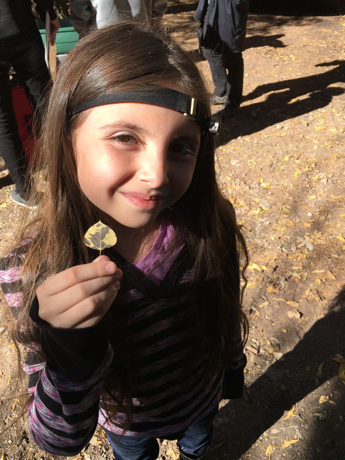 Una gran sonrisa y una hoja amarilla de álamo temblón, levantada para la cámara.